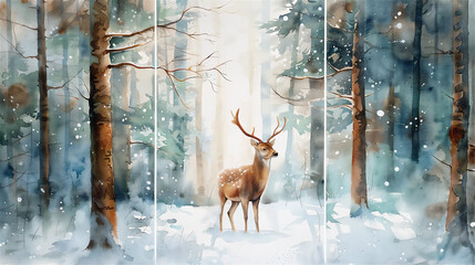 Watercolor painting, 3 separate panels, deer in the middle of a snowy forest - obrazy, fototapety, plakaty
