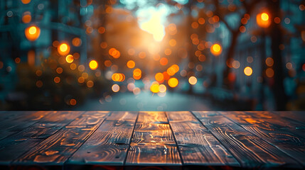 Minimalistic Evening Tableau with Bokeh Lights: A Product Display Montage on a Wooden Table against a Blurred City Street Backdrop