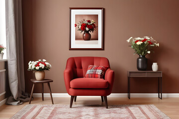 Interior design of warm living room with mock up poster frame, copy space, modern red armchair, patterned plaid, vase with flowers, brown wall and personal accessories. Home decor. Template.