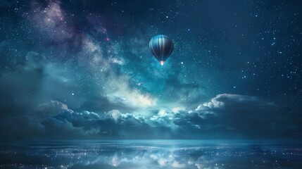 A surreal and dreamy podium featuring a lone hot air balloon floating through a sea of stars and constellations inviting viewers to . . - obrazy, fototapety, plakaty