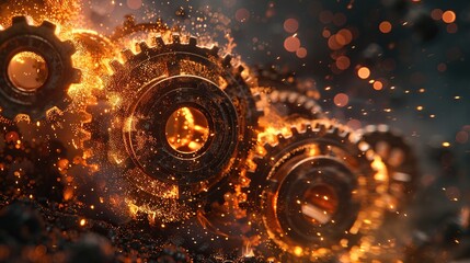 The synergy of the rotating gears triggered sparks, indicating a mechanism system problem. - obrazy, fototapety, plakaty