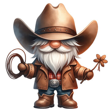 A digital painting of a gnome wearing a cowboy hat and holding a lasso and a four-leaf clover.