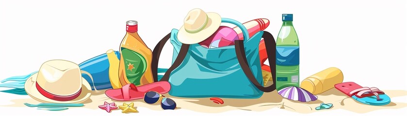 Beach bag clipart filled with essentials bright colors
