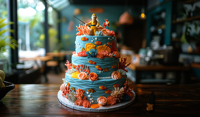A stunning 3-tier birthday cake with a fisherman under the beautiful sea with many colorful fish and sea corals 
