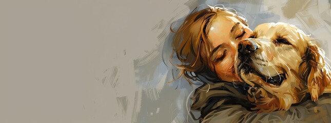 joyful woman, with open eyes, hugs golden retriever, on a gray background - obrazy, fototapety, plakaty