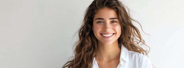 photorealistic mid shot of a smiling woman, long frizzy brown hair, white blouse, white background,