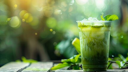 Sizzling atmosphere complemented by iced matcha green tea, symbolizing the relief and calm amidst the heatwave clean background - obrazy, fototapety, plakaty