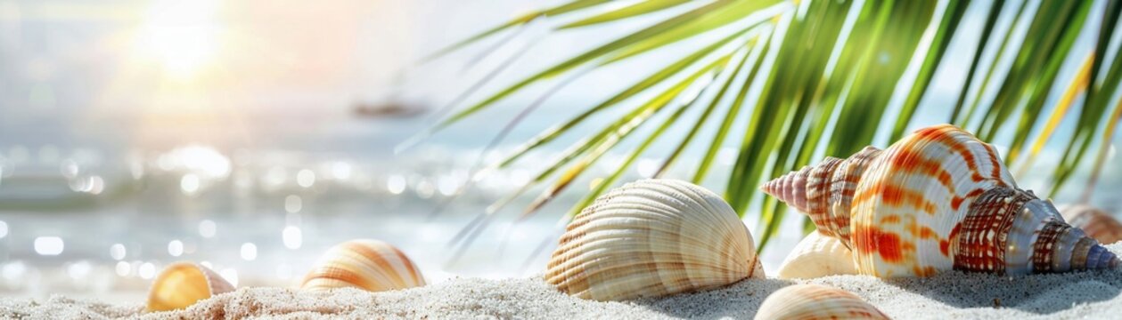 Seashell clipart framed by palm fronds clean background