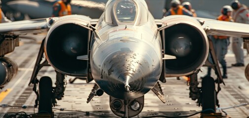 Fototapeta premium A close-up of a jet being launched, with the crew on deck in action, ensuring a seamless operation, the focus on the individuals and machinery emphasizing the teamwork behind each mission.