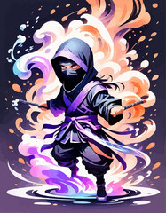 smoke painting of a cute ninja cartoon, smoke art ninja character, smoke ink ninja, ninja made of smoke, Generative AI