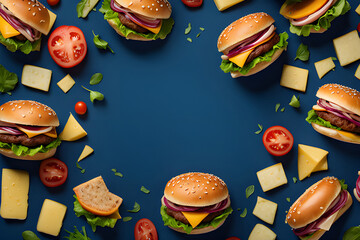 Small hamburgers with meat, lettuce, cheese and tomatoes on a dark flay lay background, copy space