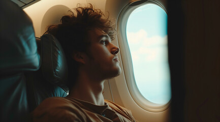 Adorable man traveling on airplane, looking outside from window seat