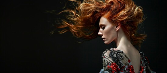Beautiful woman with vibrant red hair blowing in the wind, creating a dynamic and captivating image - obrazy, fototapety, plakaty