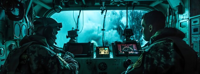 Illustrate the soldiers and Nick inside a military submarine - obrazy, fototapety, plakaty