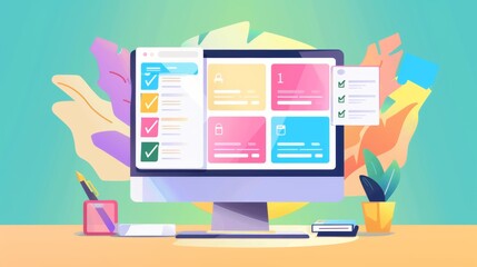A to-do list app displayed on a computer screen with colorful icons and checkmarks, emphasizing productivity and task management.