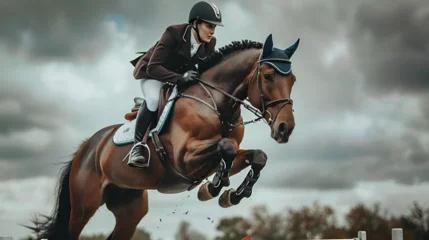 Fotobehang Equestrian rider jumping over a barrier in a show jumping competition, elegance and power in motion. generative ai  © Malaika