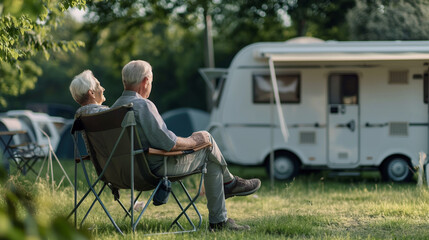 Elderly full-time RVers living in caravans to reduce living costs. Pension crisis. - obrazy, fototapety, plakaty