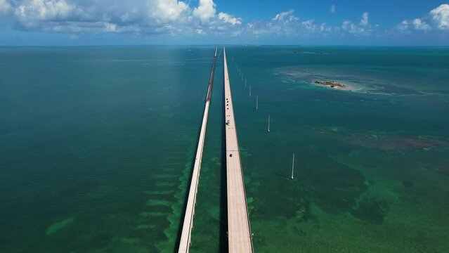 Drone Epic Bridge Over Ocean in the Florida Keys. Aerial Flight Over Seven Mile Bridge Florida Day.