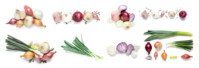 Collage of different sorts of onion and spices on white background