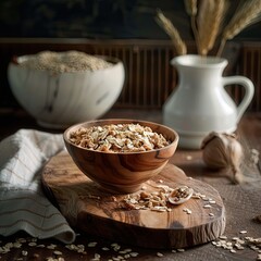 Rustic Charm: A Mouthwatering Display of Fresh Muesli in a Handcrafted Wooden Bowl