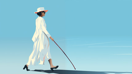 A dignified elderly woman exudes confidence and grace, her poise undiminished by age, as she takes a leisurely stroll with her guide cane against a soft blue backdrop.
