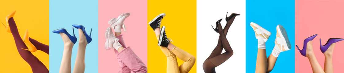 Set of female legs in stylish high heels and sports shoes on color background