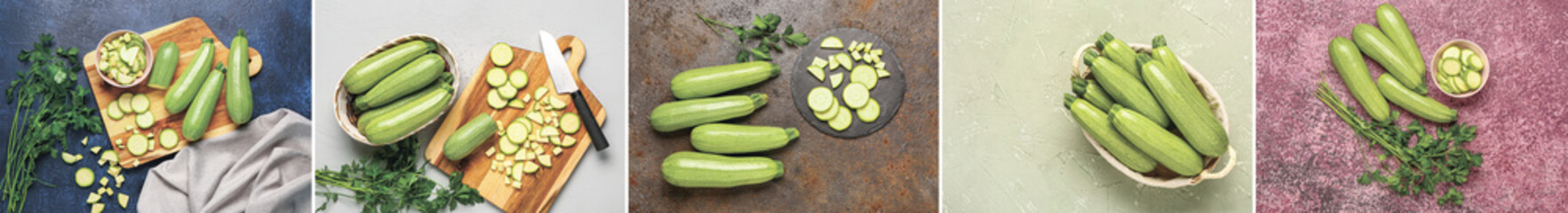 Collage of fresh green zucchini on grunge background, top view