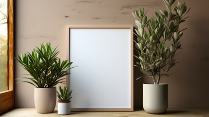 Picture frame and potted plants on a shelf, elevating your interior design with a stylish poster frame mockup and plant decoration - obrazy, fototapety, plakaty