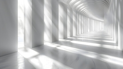 Sunlight Streams Through White Arches in Minimalist Corridor