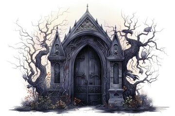 Halloween background with haunted house and spooky trees. Vector illustration.