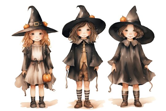 Halloween witch girls. Watercolor illustration. Isolated on white background.