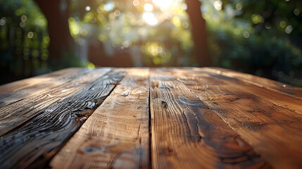 Sunlit Wood Grain A Close-Up View of an Outdoor Wooden Table Embracing Rustic Charm and Natural Beauty - obrazy, fototapety, plakaty