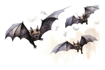 Watercolor illustration of flying bats. Isolated on white background.