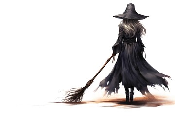 Witch with a broom on a white background. Halloween illustration.