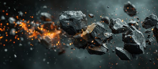 Numerous rocks bursting and scattering above the ground in a dramatic display - obrazy, fototapety, plakaty