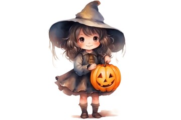 Fototapeta premium Cute little girl in witch costume with pumpkin. Halloween illustration.