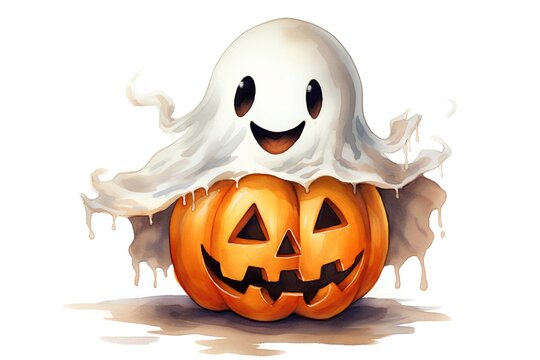 Halloween pumpkin with ghost. Watercolor illustration isolated on white background