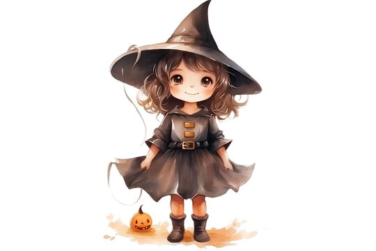 Cute little girl dressed as a witch with a lantern. Halloween concept.
