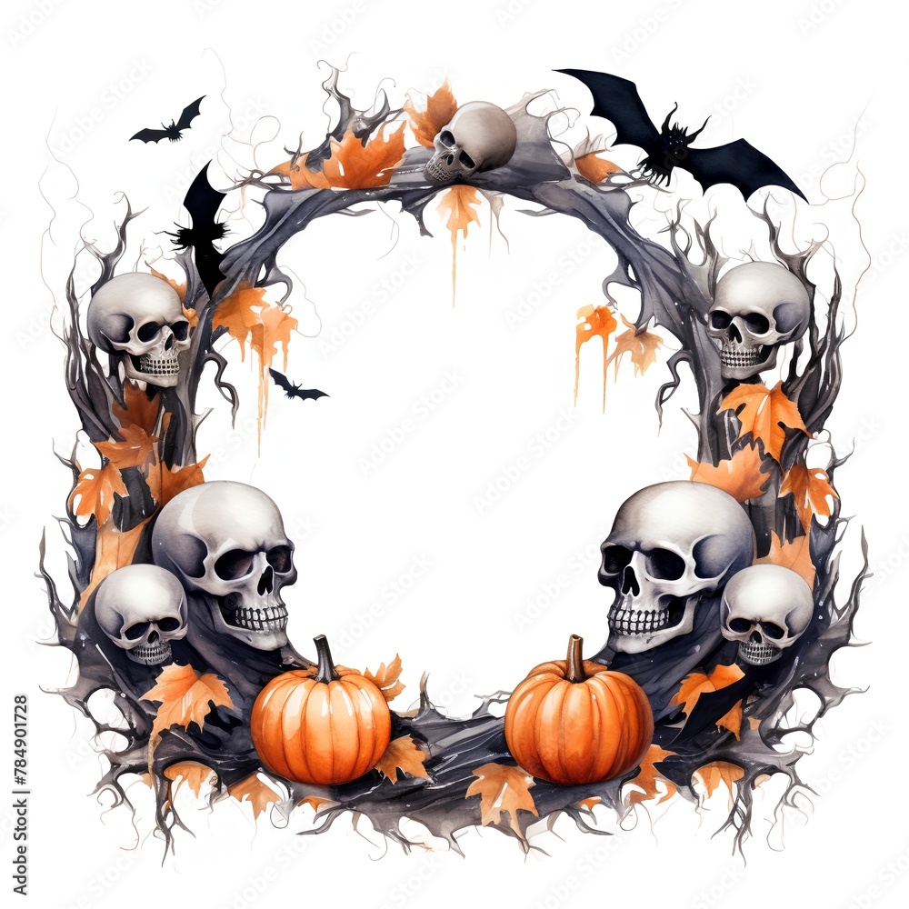 Wall mural halloween wreath with skulls, pumpkins and bats isolated on white background