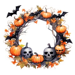 Halloween wreath with pumpkins, bats and leaves. Watercolor illustration