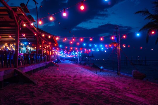 party and drink at the summer beach night.  blue and red colors. neon and flashlights