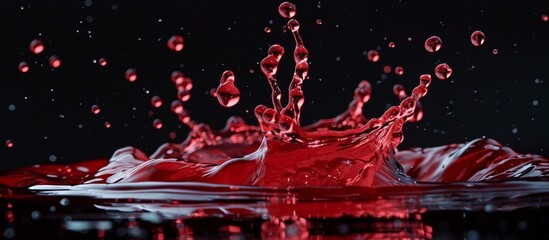 Vivid red liquid splashes and spreads across a sleek black surface, creating an artistic and dynamic visual effect