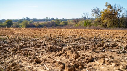 Obraz premium A closeup of a barren dry patch of land on the farm devoid of any insects or small animals highlighting the lack of biodiversity in industrial agriculture compared to a thriving diverse .