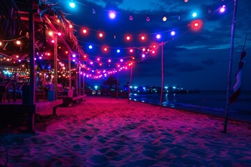 party and drink at the summer beach night.  blue and red colors. neon and flashlights