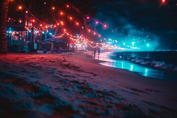 party and drink at the summer beach night.  blue and red colors. neon and flashlights
