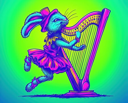 A bunny in a ballerina outfit hops delicately around a harp, plucking strings with a graceful paw, seen in enchanting closeup