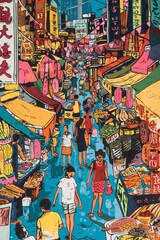 A bustling Asian market in pop art style, bold colors, stylized food stalls, and exaggerated figures
