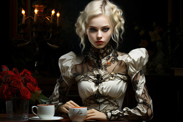 Fototapeta premium Abstract illustration of a Beautiful young woman in medieval dress sitting at table with cup of coffee. sci-fi and fantasy concept art