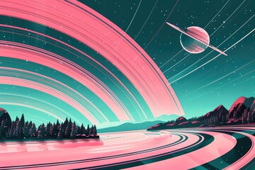 A festival celebrates the alignment of multiple universes, their conjunction causing the night sky to swirl with colors, seen in vibrant closeup - obrazy, fototapety, plakaty