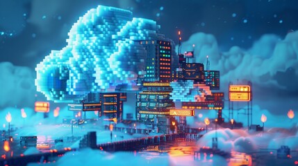 A fluffy pixel art cloud morphing into chunky servers and blocky network switches, illustrating cloud concepts playfully